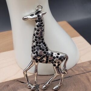 Vintage Figural Giraffe Pendant Silver Tone With Black Rhinestones Filagree Back